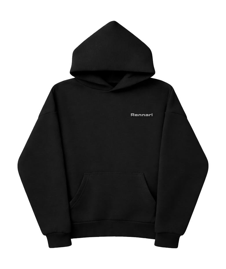 Black Rennari scuba hoodie with kangaroo pocket

Black Rennari hoodie with clean silhouette

Black scuba hoodie front view