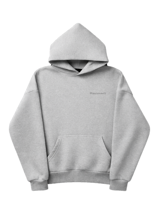Grey Rennari scuba hoodie with kangaroo pocket

Grey Rennari hoodie with relaxed fit

Grey scuba hoodie front view